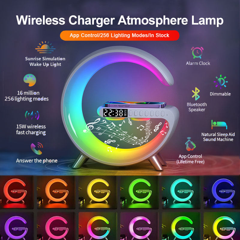 "Transform Your Space with the Futuristic 2023 Intelligent G-Shaped LED Lamp: Bluetooth Speaker, Wireless Charger, Atmosphere Lamp – App Controlled for Ultimate Bedroom and Home Decor Experience!"