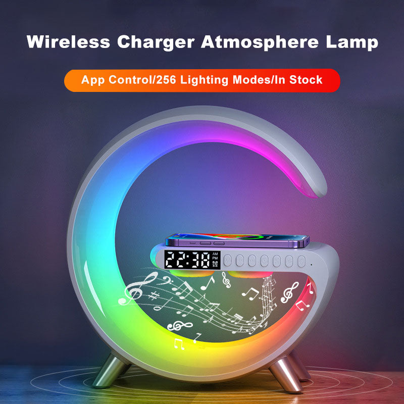 "Transform Your Space with the Futuristic 2023 Intelligent G-Shaped LED Lamp: Bluetooth Speaker, Wireless Charger, Atmosphere Lamp – App Controlled for Ultimate Bedroom and Home Decor Experience!"