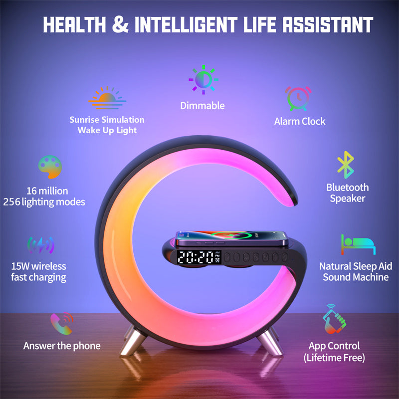 "Transform Your Space with the Futuristic 2023 Intelligent G-Shaped LED Lamp: Bluetooth Speaker, Wireless Charger, Atmosphere Lamp – App Controlled for Ultimate Bedroom and Home Decor Experience!"