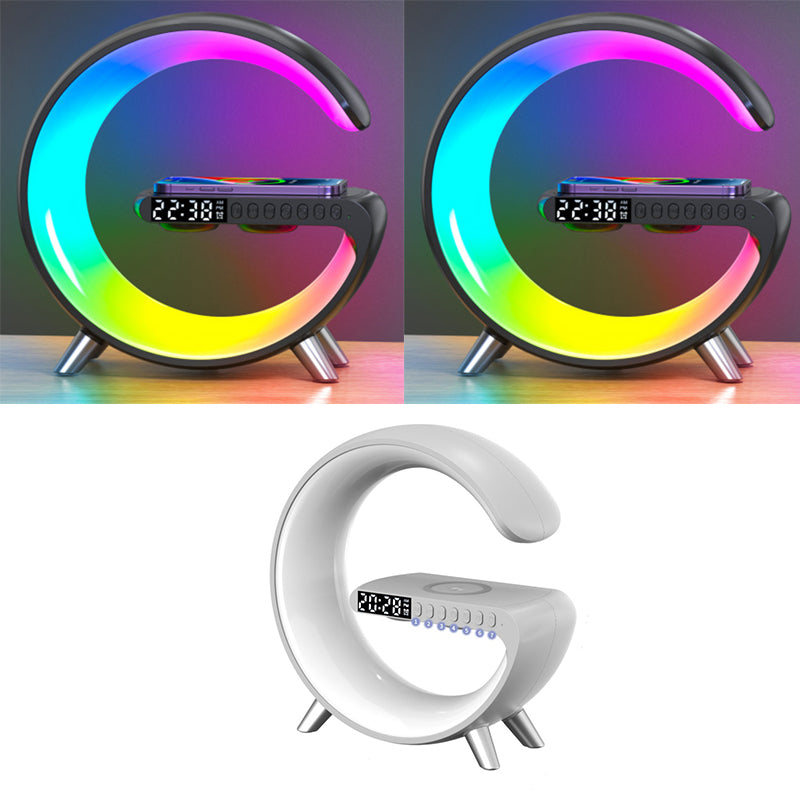 "Transform Your Space with the Futuristic 2023 Intelligent G-Shaped LED Lamp: Bluetooth Speaker, Wireless Charger, Atmosphere Lamp – App Controlled for Ultimate Bedroom and Home Decor Experience!"