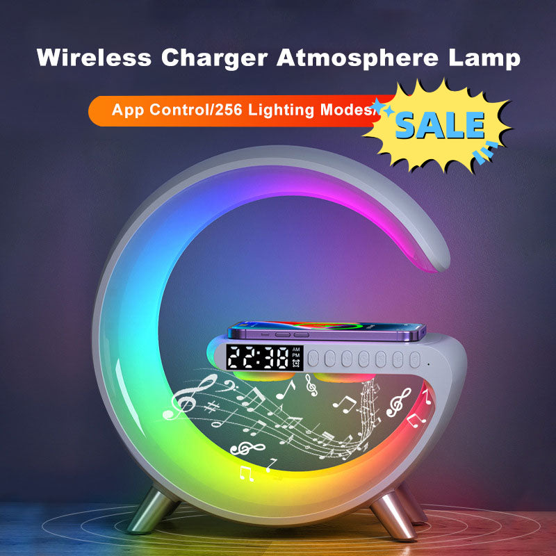 "Transform Your Space with the Futuristic 2023 Intelligent G-Shaped LED Lamp: Bluetooth Speaker, Wireless Charger, Atmosphere Lamp – App Controlled for Ultimate Bedroom and Home Decor Experience!"