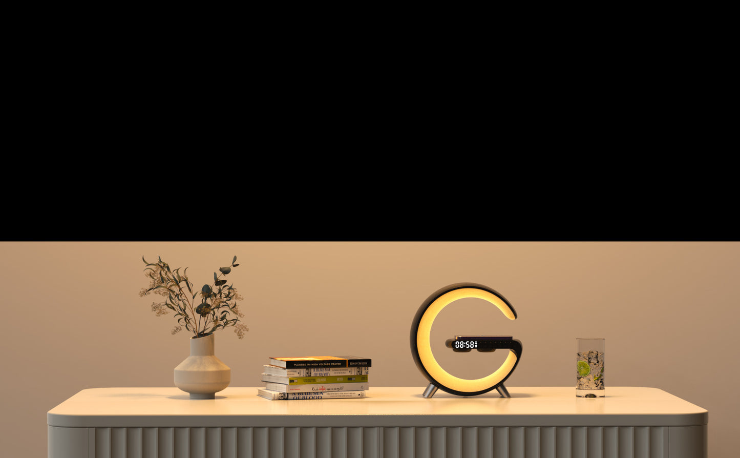 "Transform Your Space with the Futuristic 2023 Intelligent G-Shaped LED Lamp: Bluetooth Speaker, Wireless Charger, Atmosphere Lamp – App Controlled for Ultimate Bedroom and Home Decor Experience!"