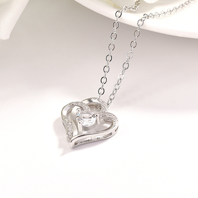 White Gold Double Heart Pendant Necklace 